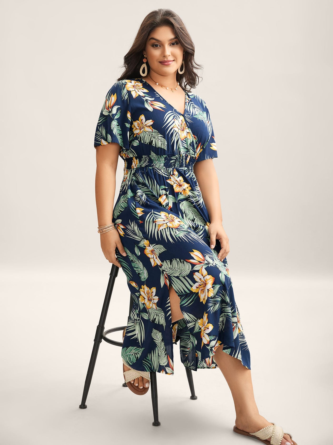 Tropical Floral Print Shirred Waist Midi Dress