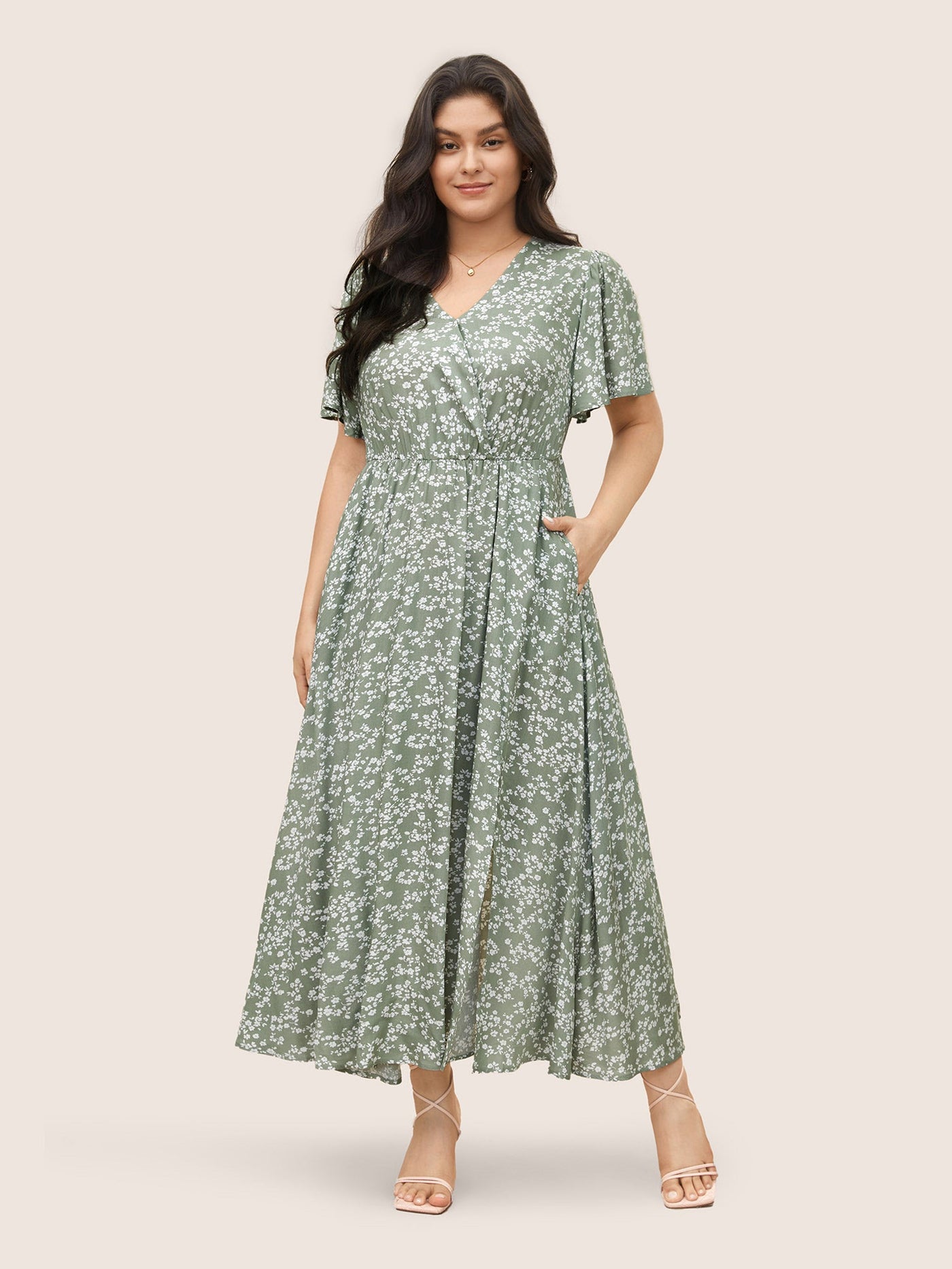 Bloom Dress - Flutter Sleeve Ditsy Floral Pocket Split Maxi Dress
