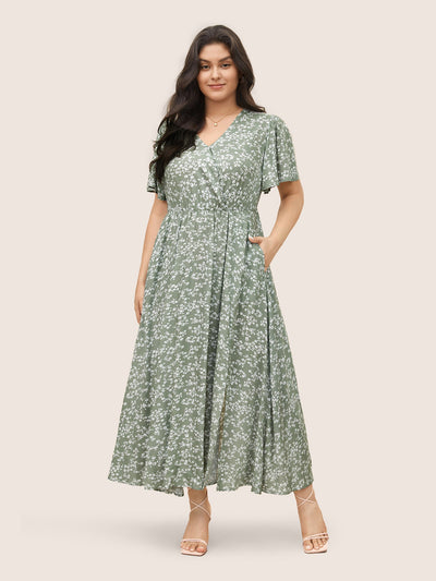 Bloom Dress - Flutter Sleeve Ditsy Floral Pocket Split Maxi Dress