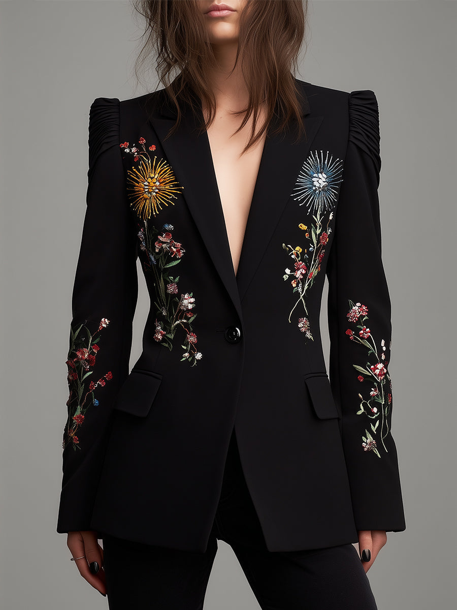 Retro Flower Embroidered Pleated Sleeves Waist Blazer