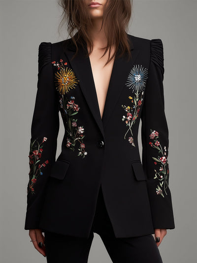 Retro Flower Embroidered Pleated Sleeves Waist Blazer