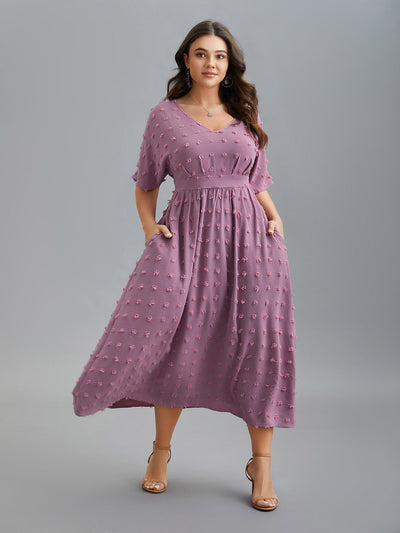 V-Neck Textured Batwing Sleeve Midi Dress