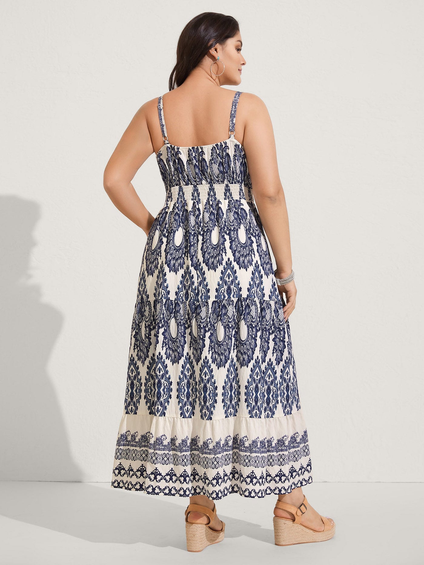 Boho Print Shirred Cami Midi Dress