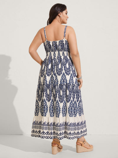 Boho Print Shirred Cami Midi Dress