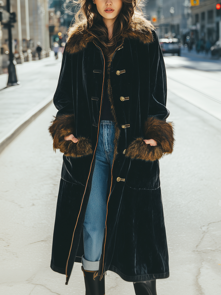 Vintage Fur Collar Velvet Coat