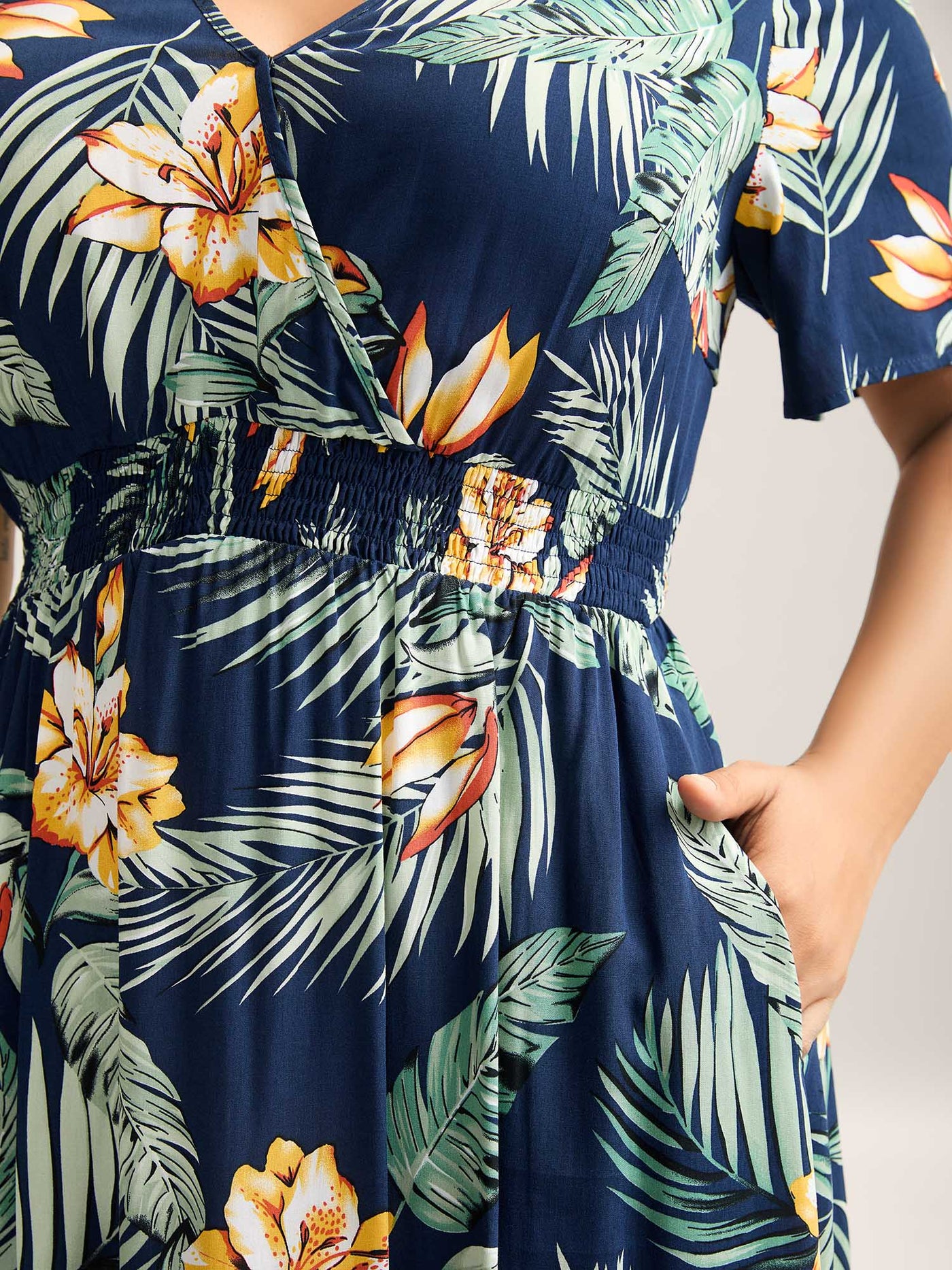 Tropical Floral Print Shirred Waist Midi Dress
