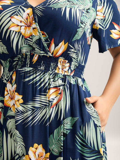 Tropical Floral Print Shirred Waist Midi Dress