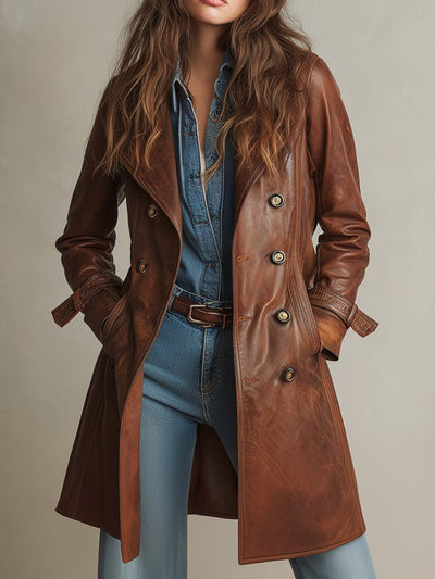 Vintage Brown PU Leather Double-Breasted Trench Coat