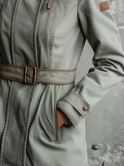 Utility Hooded Belted Parka Coat With Contrast Panels