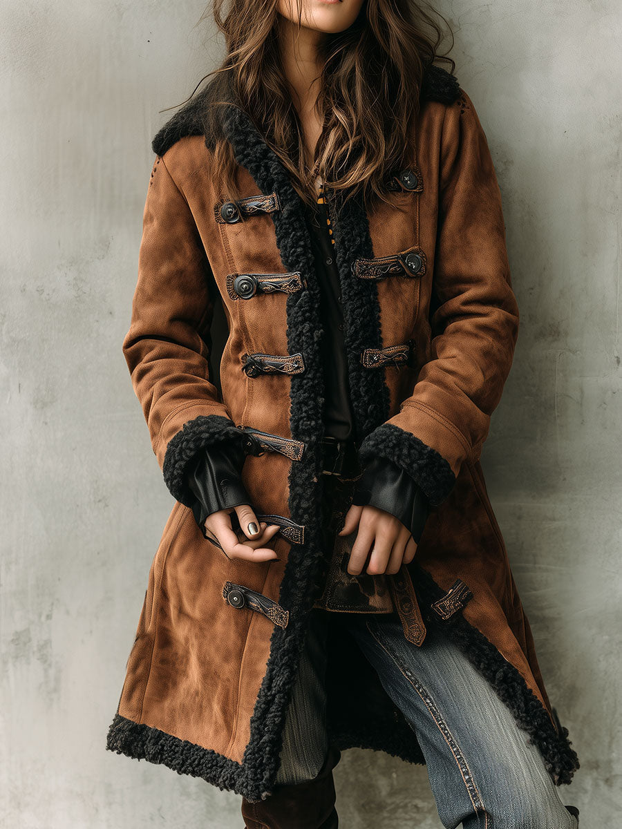 Retro Brown Shearling Lining Microsuede Overcoat