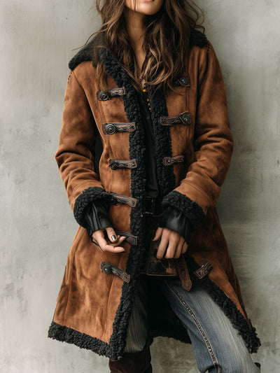 Retro Brown Shearling Lining Microsuede Overcoat
