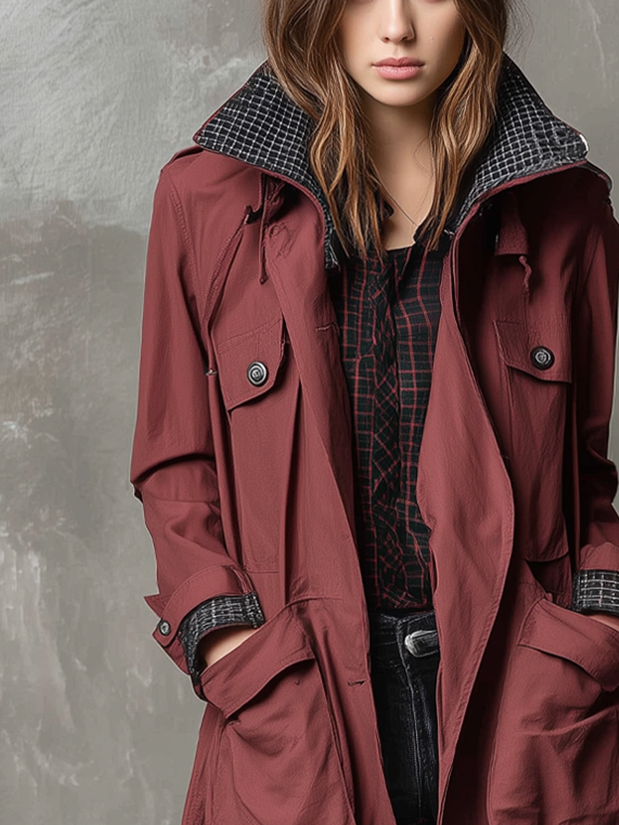 Retro Plaid Collar Multi-pocket Cargo Coat