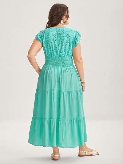 Cotton Embroidered Tie Pockets Midi Dress