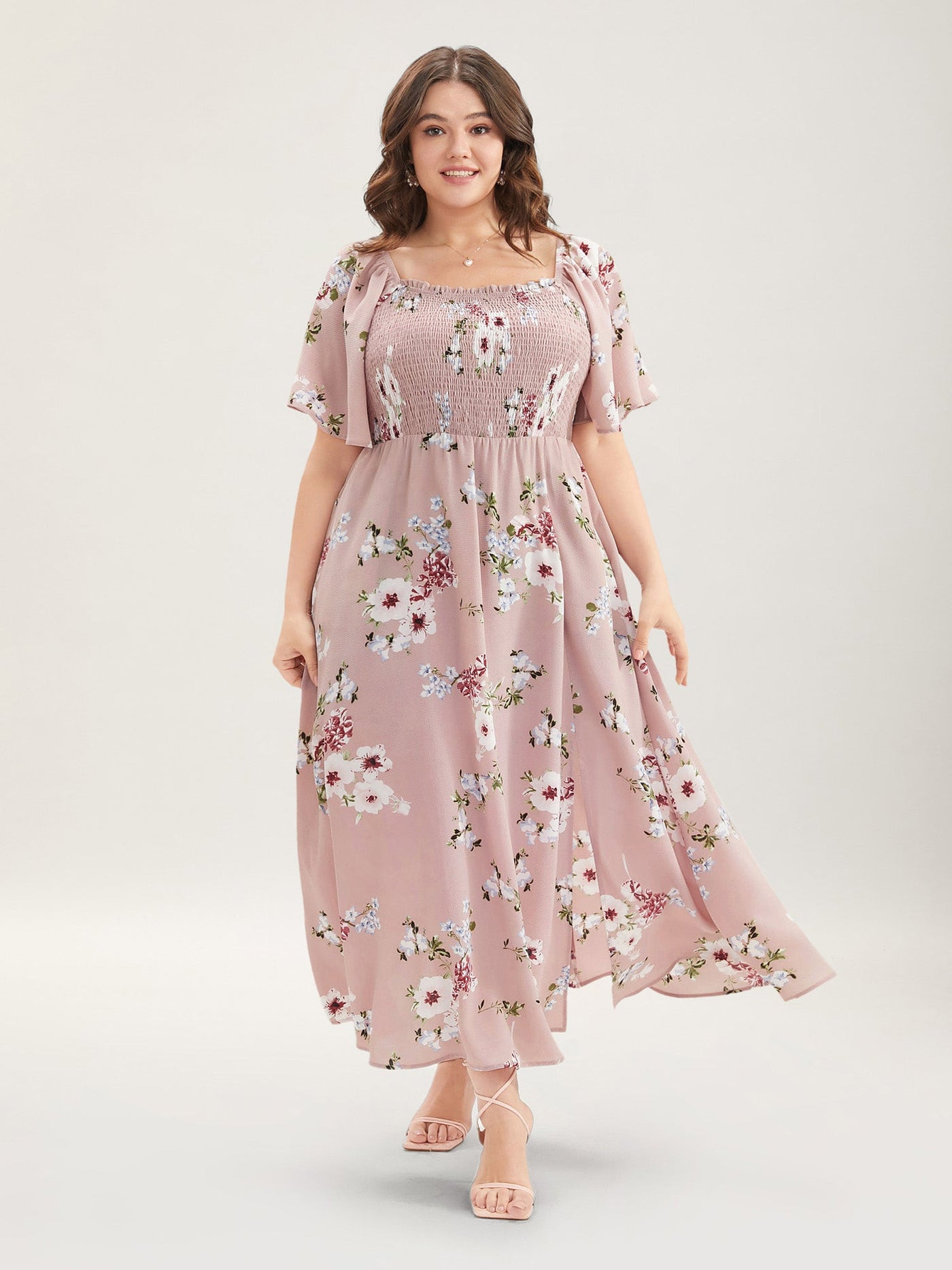 Floral Square Neck Ruffles Pocket Shirred Split Dress