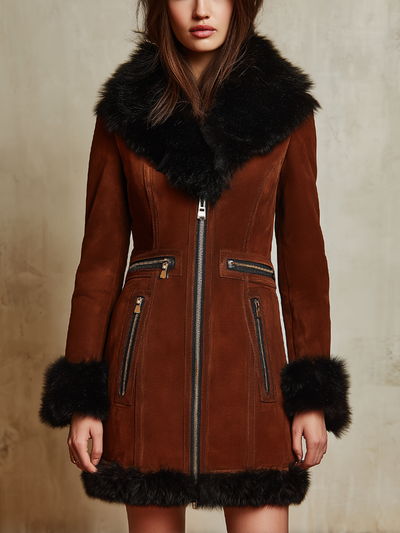 Retro Multi-zipper Fur Collar Eco-friendly Suede Coat