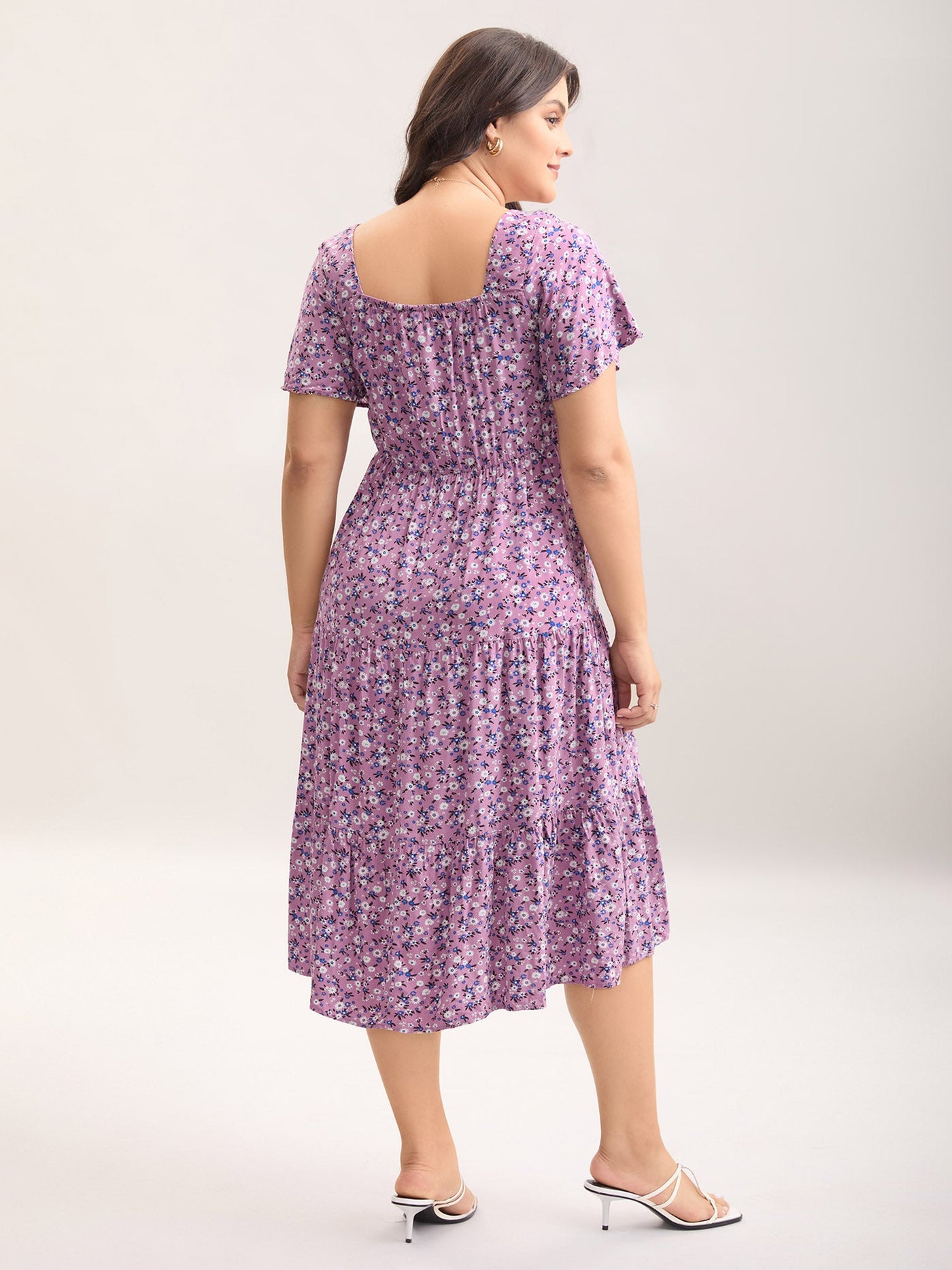 Ditsy Floral Sweetheart Drawstring Pocket Tiered Dress