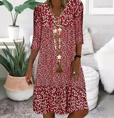 Fashion Printed Women Mid Sleeve V-Neck Dresses