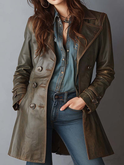 Vintage Olive PU Leather Trench Coat