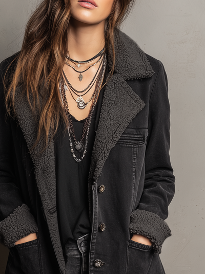 Retro Pocket Faux Sherpa Lined Denim Coat
