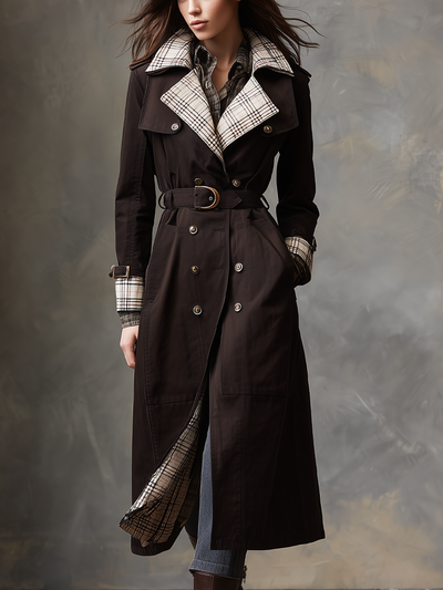 Retro Plaid Contrast Collar Trench Coat