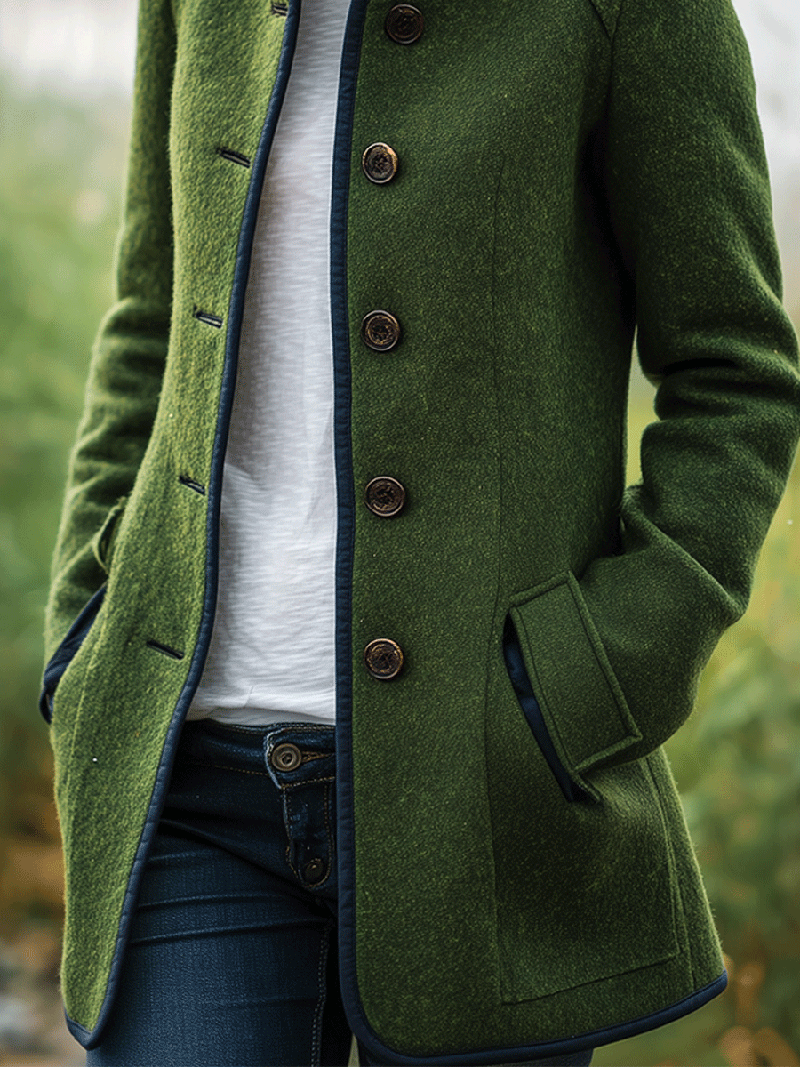 Retro Olive Green Stand Collar Wool-Blend With Contrast Trim Coat