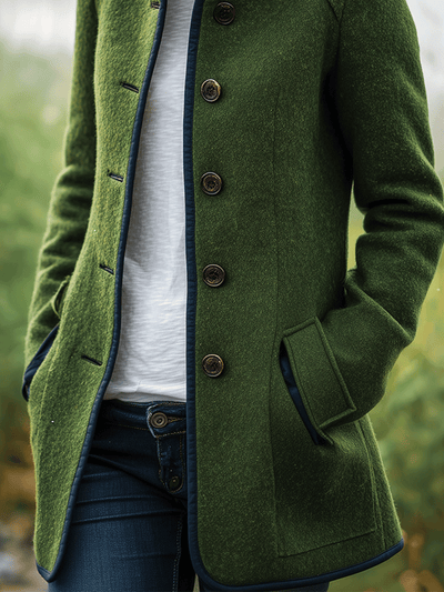 Retro Olive Green Stand Collar Wool-Blend With Contrast Trim Coat
