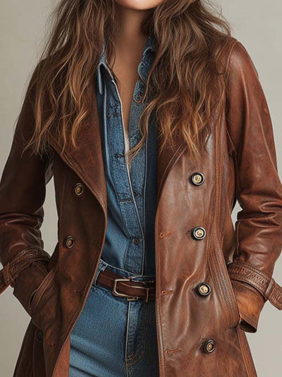 Vintage Brown PU Leather Double-Breasted Trench Coat