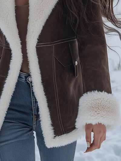 Vintage Brown Shearling Lapel Insulated Coat