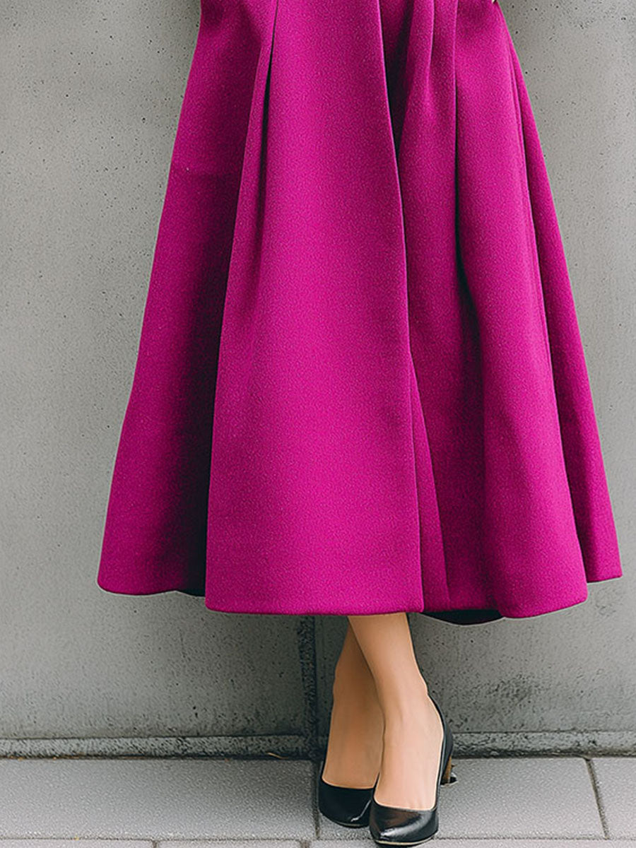Elegant High Neck Vibrant Pink Wool Blend Flared Midi Coat
