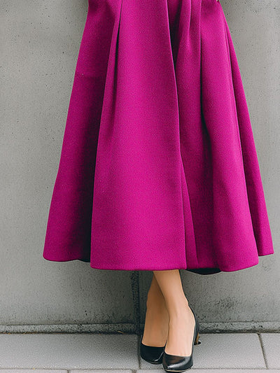 Elegant High Neck Vibrant Pink Wool Blend Flared Midi Coat