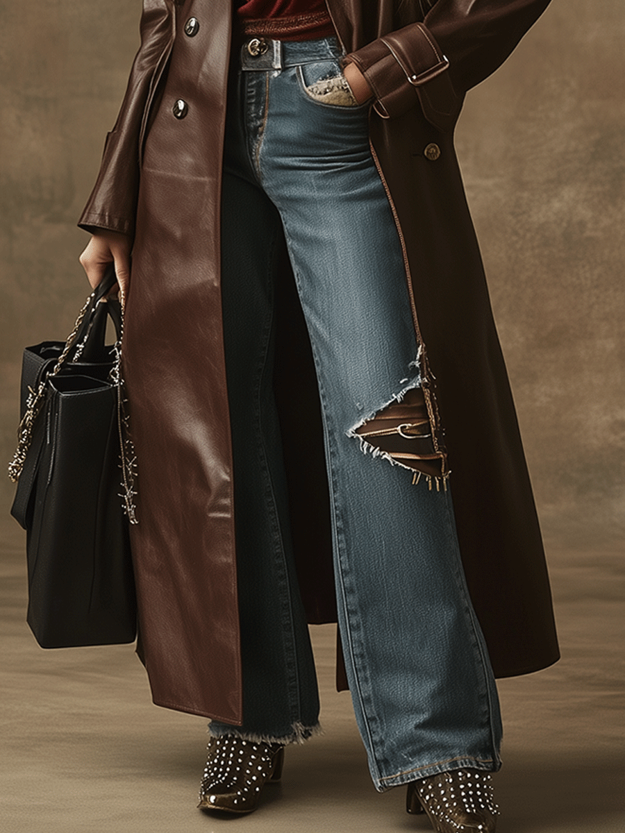 Vintage Western Chic Dark Brown Leather Trench Coat