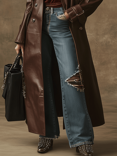 Vintage Western Chic Dark Brown Leather Trench Coat