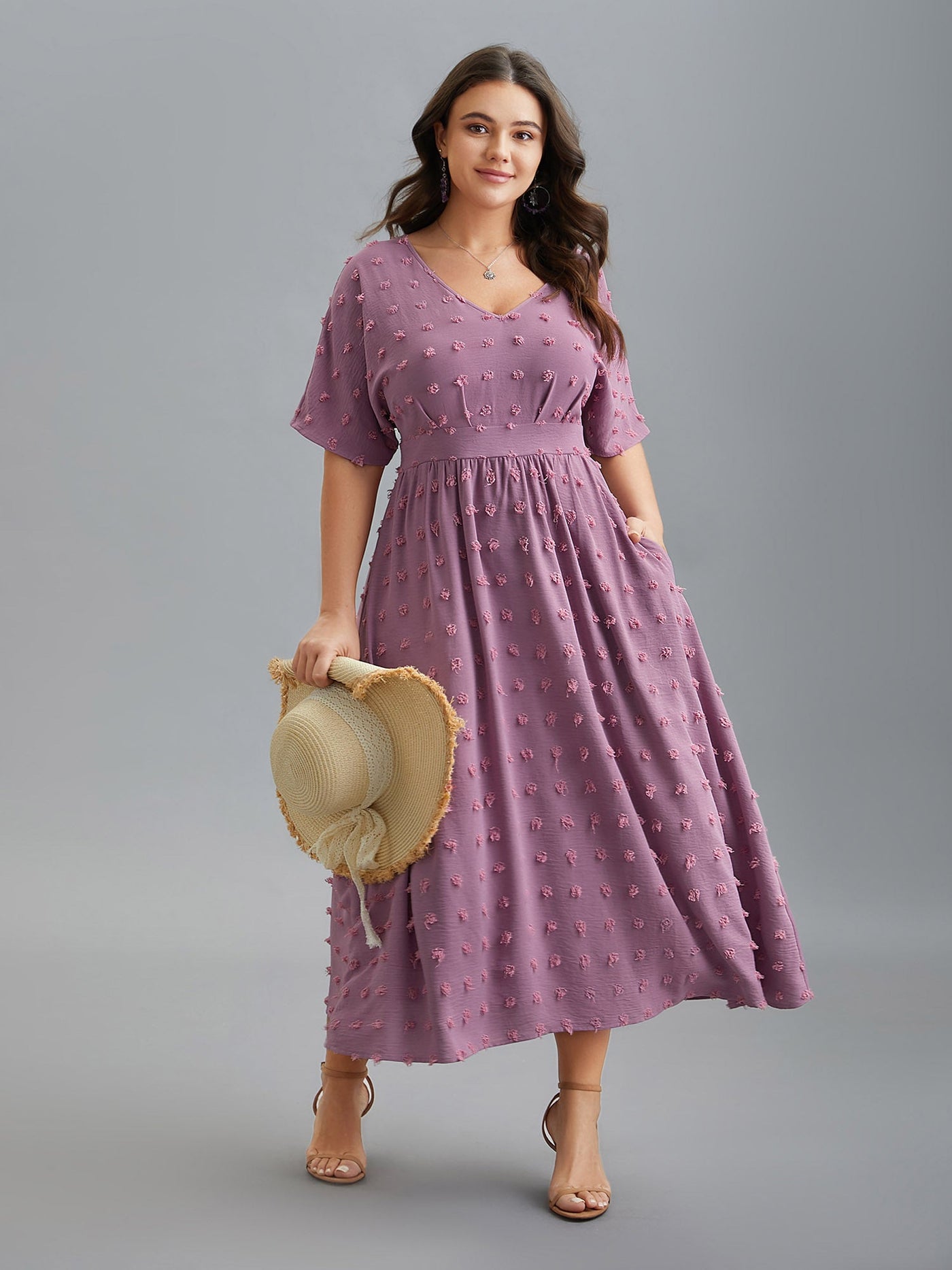 V-Neck Textured Batwing Sleeve Midi Dress