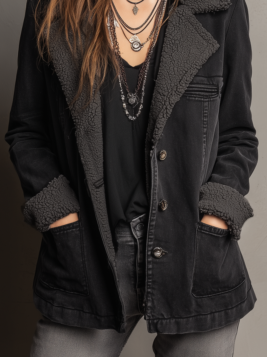 Retro Pocket Faux Sherpa Lined Denim Coat