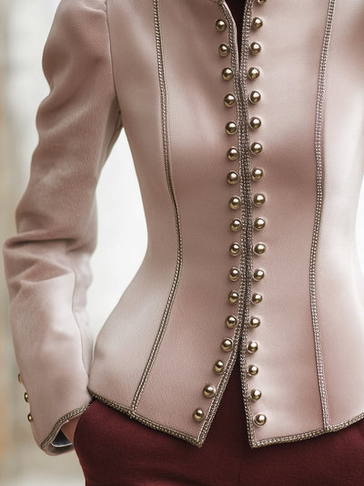 Elegant Vintage Silver Thread Edged Puff Sleeve Woolen Jacket