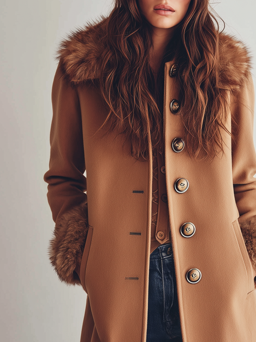 Vintage Fur Collar Button Wool Blend Coat