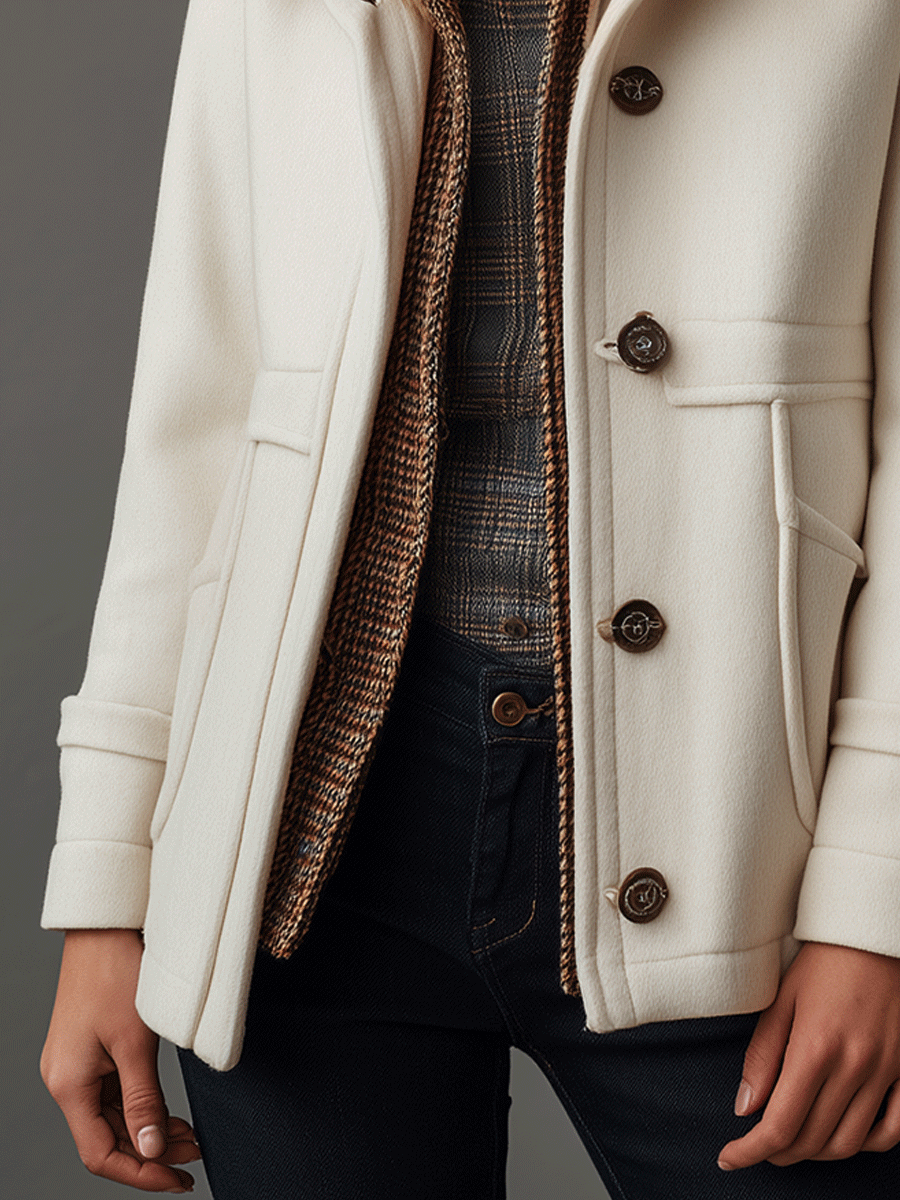 Casual Cream Faux Wool Blend Fur Collar Pocket Coat