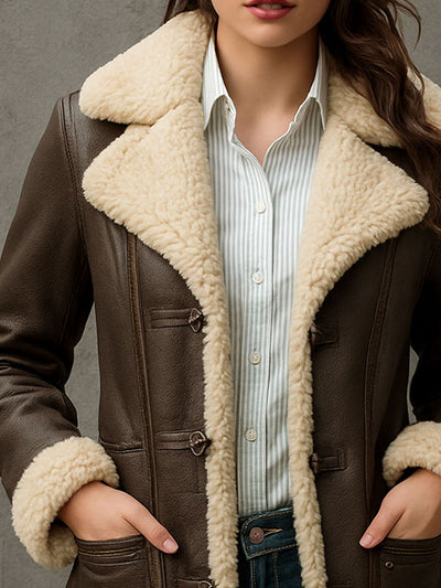Lapel Brown Eco Leather Fleece Lined Mid-Length Coat With Pockets