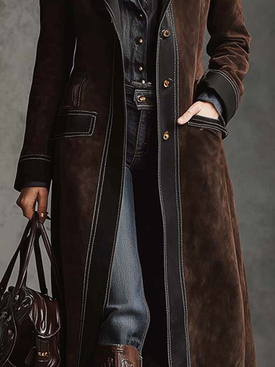 Vintage Brown Suede Maxi Coat With Contrast Trim