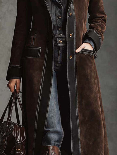 Vintage Brown Suede Maxi Coat With Contrast Trim