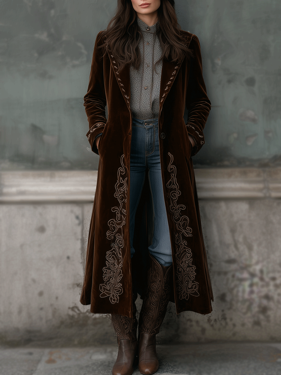 Vintage Embroidered Velvet Long Coat