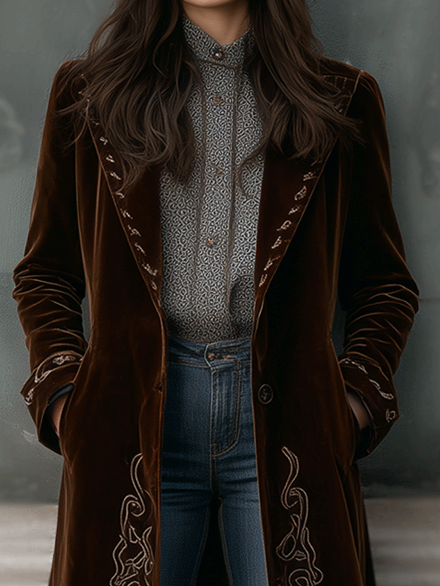 Vintage Embroidered Velvet Long Coat