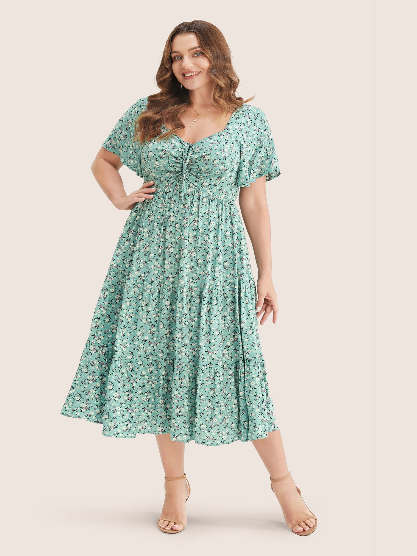Ditsy Floral Sweetheart Drawstring Pocket Tiered Dress