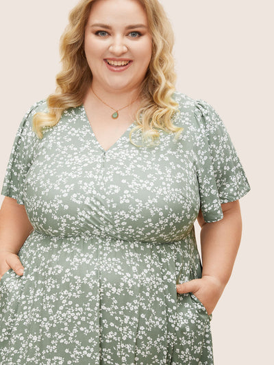 Bloom Dress - Flutter Sleeve Ditsy Floral Pocket Split Maxi Dress