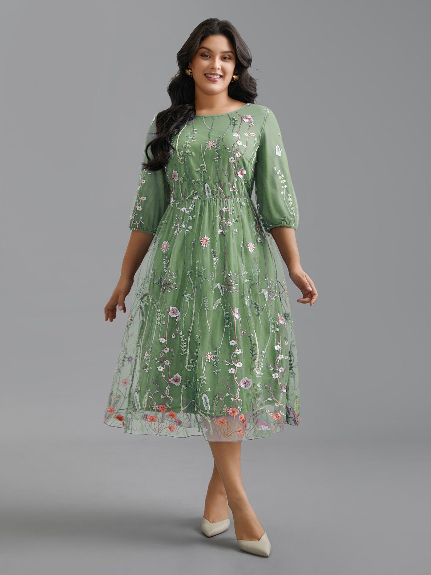 Floral Embroidered Elastic Waist Lined Midi Dress