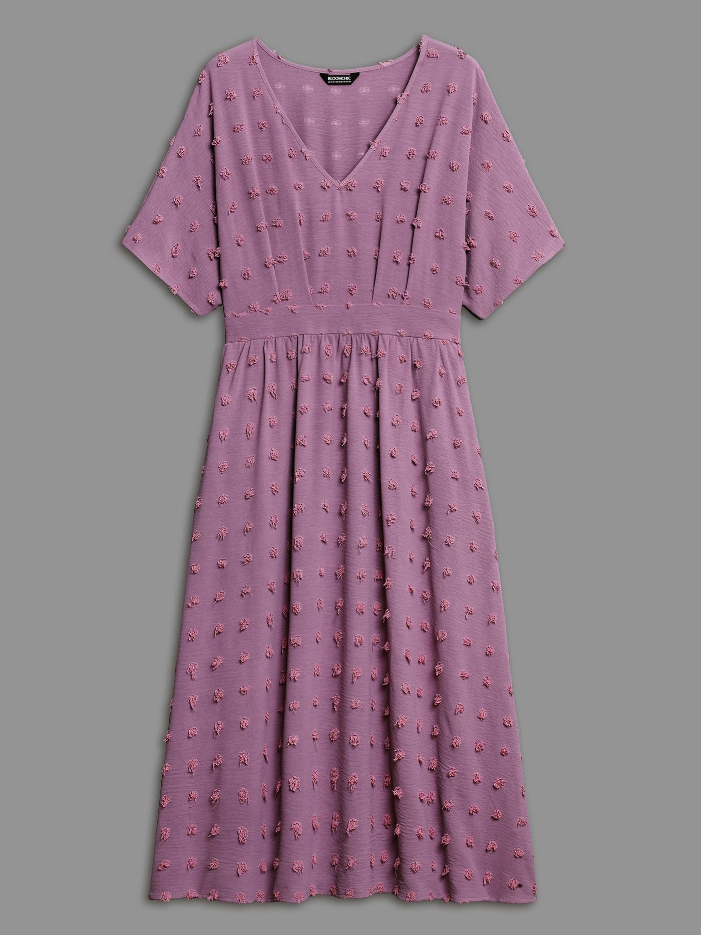 V-Neck Textured Batwing Sleeve Midi Dress