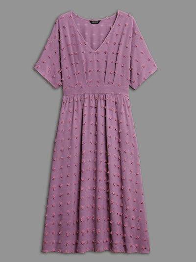 V-Neck Textured Batwing Sleeve Midi Dress