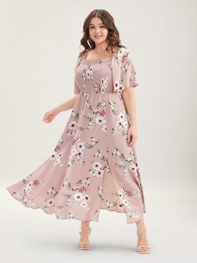 Floral Square Neck Ruffles Pocket Shirred Split Dress