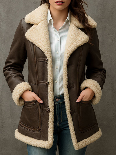 Lapel Brown Eco Leather Fleece Lined Mid-Length Coat With Pockets