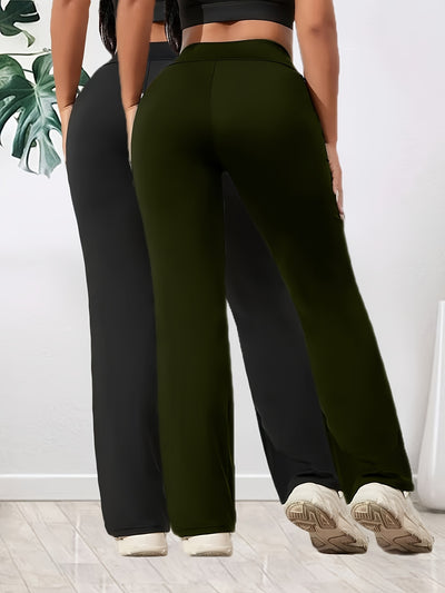 2pcs Women'S High-Waist Wide-Leg Flare Pants - Stretchy Elastic Waistband, Breathable Loose Fit for Yoga, Walking & Casual Outings, Olive Green & Black, Side Pockets, All-Season Comfort, Yoga Pants, Comfortable Footwear